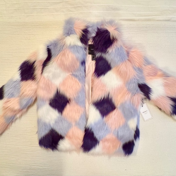 Forever 21 Faux Fur Patch Jacket – Pink, Light Blue, Dark Blue & White (Size M) - Picture 1 of 6